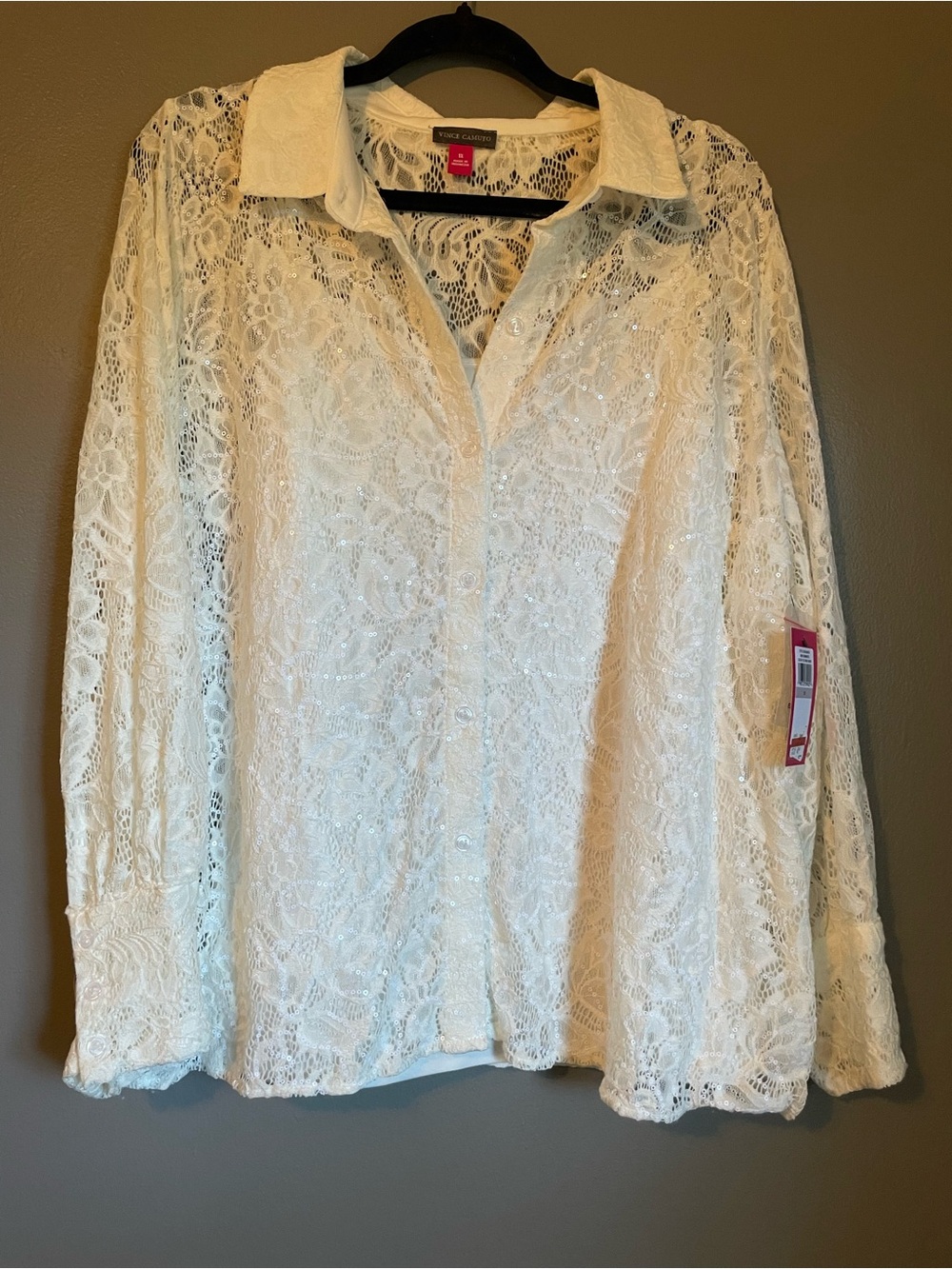 NWT Vince Camuto Sz 1X Ivory Long Sleeve Lace Fold-Collar Blouse Top Ret $109! - Picture 2 of 13